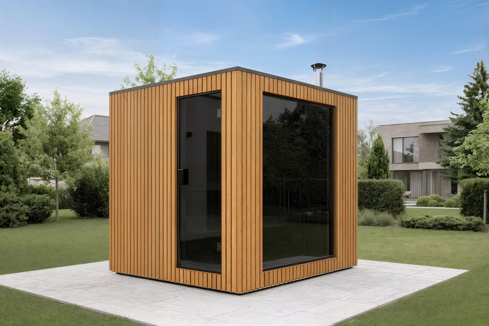 ARIES Cube Family 235 in heller Thermo-Lärche natur – Eckansicht bei blauem Himmel