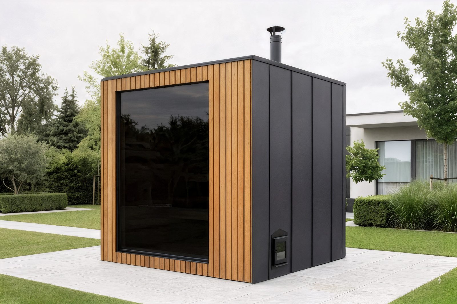 ARIES Cube Family 235 zweifarbig – Thermo-Lärche und Anthrazit in der Eckansicht