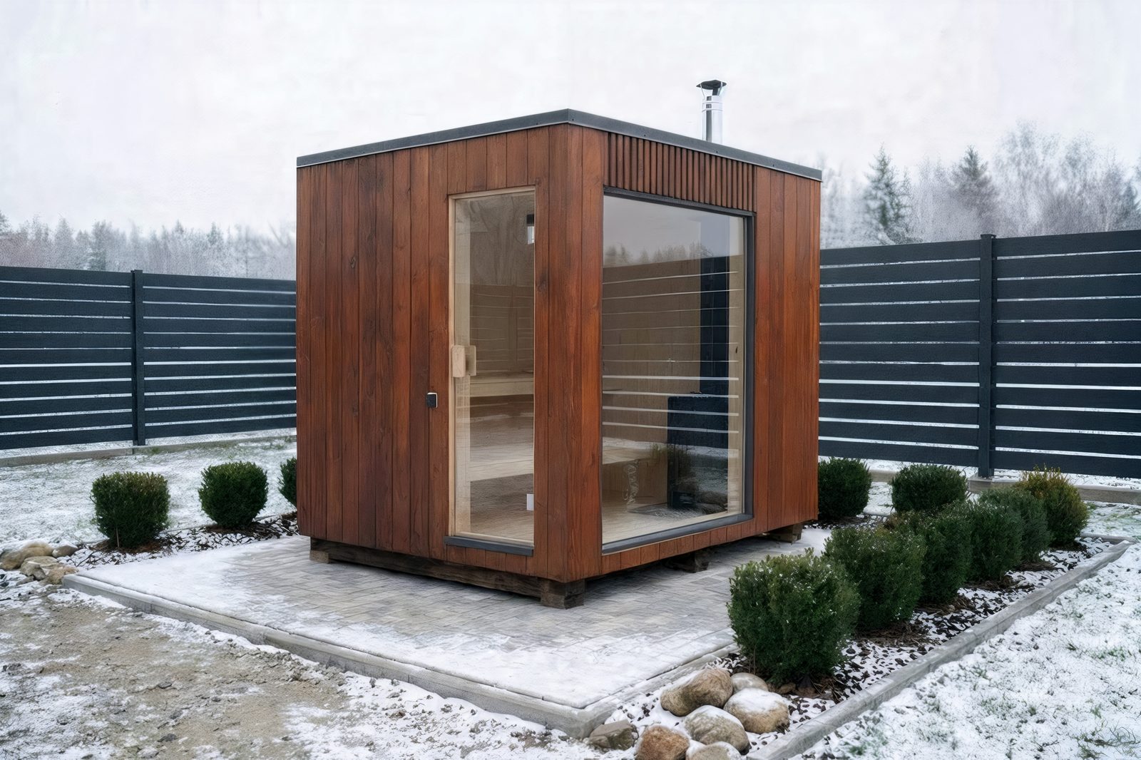 ARIES Cube Family 235 in Nussbaum-Lärche – Winteraufstellung mit Kiesbeet und Buchsbaum