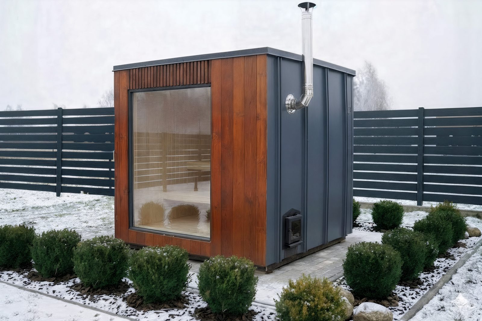 ARIES Cube Family 235 in Anthrazit-Metalloptik mit Lärchen-Akzent – Winteraufstellung mit Blick auf Ofen und Liegen