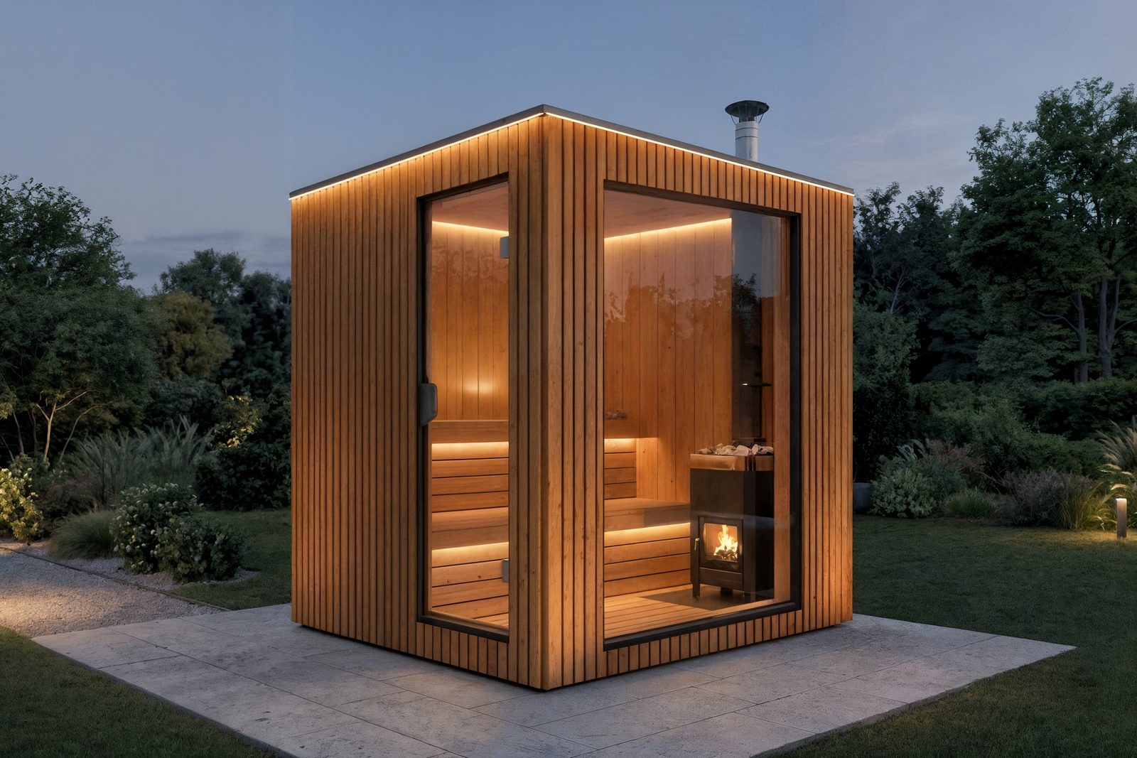 ARIES Cube Family 235 in Thermo-Lärche bei Abendstimmung – warm beleuchteter Innenraum mit Holzofen