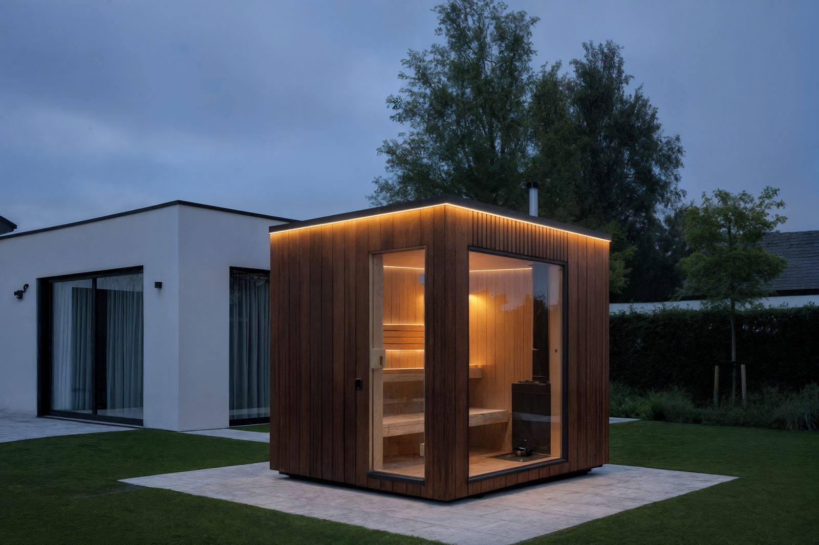 ARIES Cube Family 235 in Thermo-Lärche zur blauen Stunde – beleuchteter Innenraum vor modernem Wohnhaus
