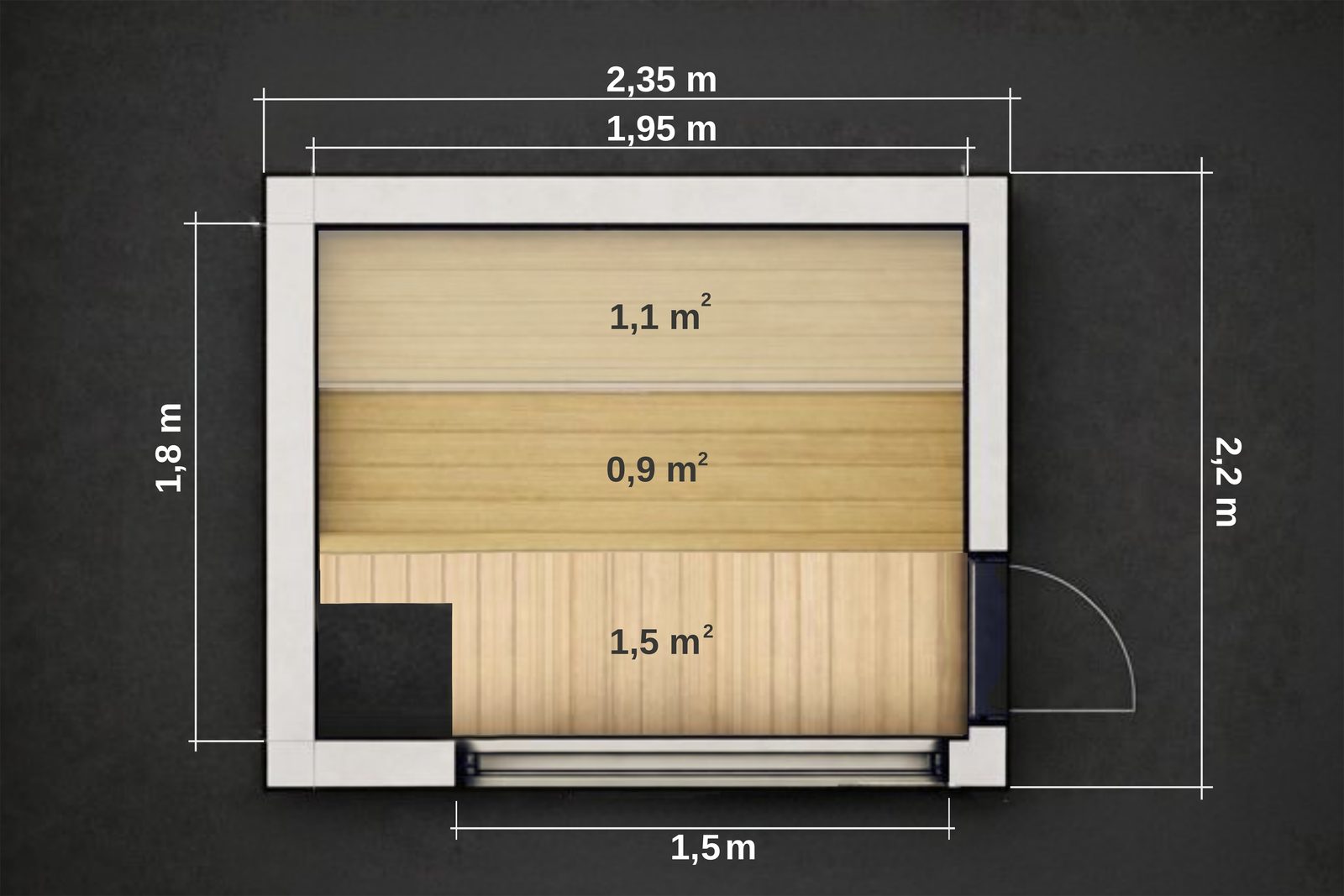 ARIES Cube Family 235 – Grundriss Variante 2: Türanschlag rechts, Außenmaß 2,35 × 2,20 m, Innenraum 1,95 × 1,80 m