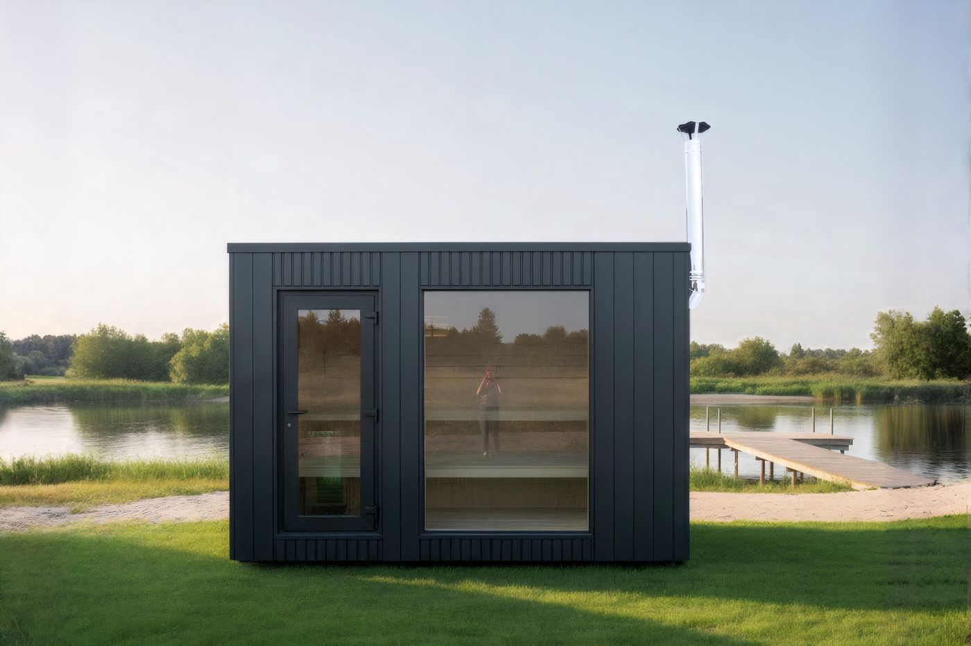 Family Pro 345 – Außenansicht der Anthrazit-Outdoor-Sauna mit bodentiefer Panorama-Verglasung und Holzterrasse