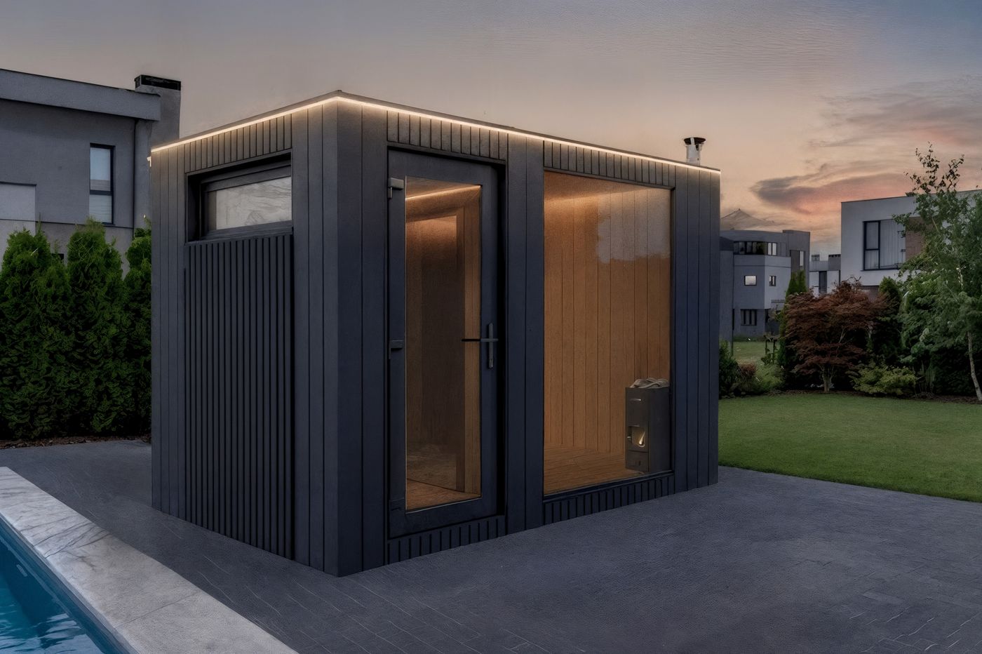 Family Pro 345 – seitliche Außenansicht des Cube-Saunahauses mit Glastür und Panoramafenster
