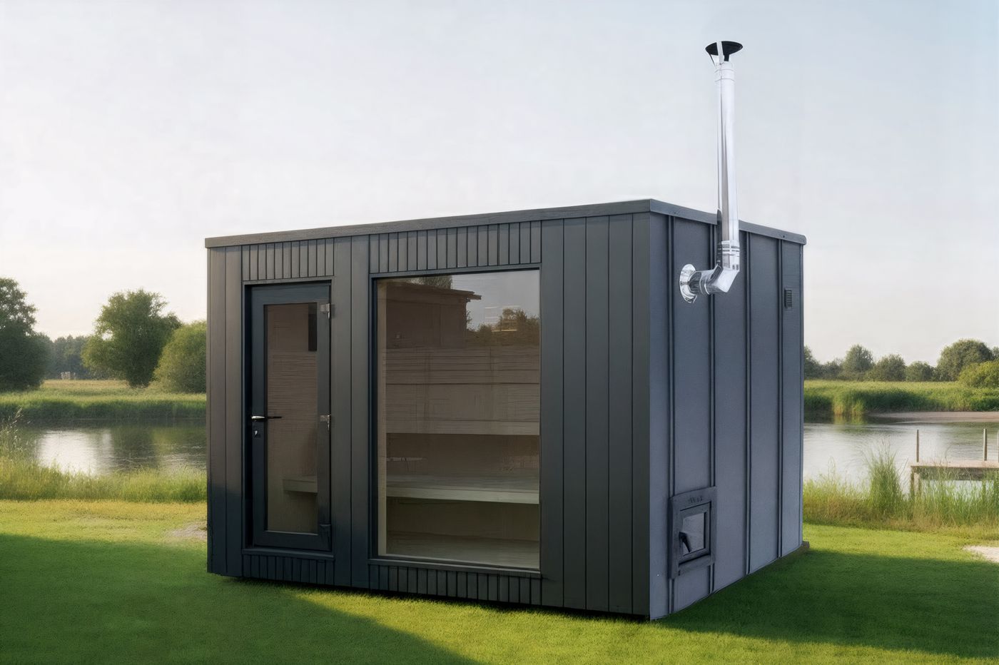 Family Pro 345 – Gartensauna mit überdachtem Eingang und großzügiger Glasfront
