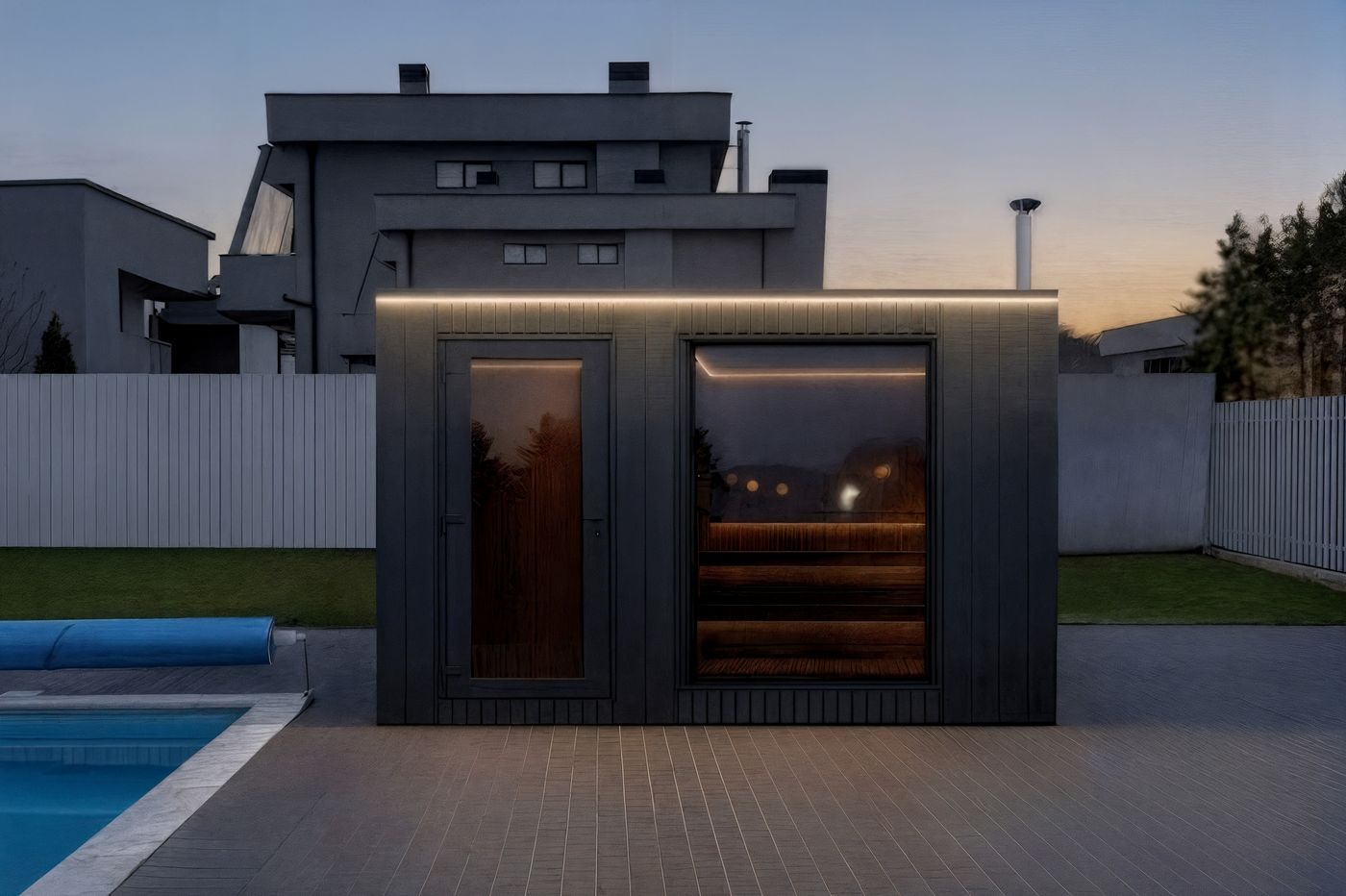 Family Pro 345 – abends beleuchtete Outdoor-Sauna mit stimmungsvollem Licht