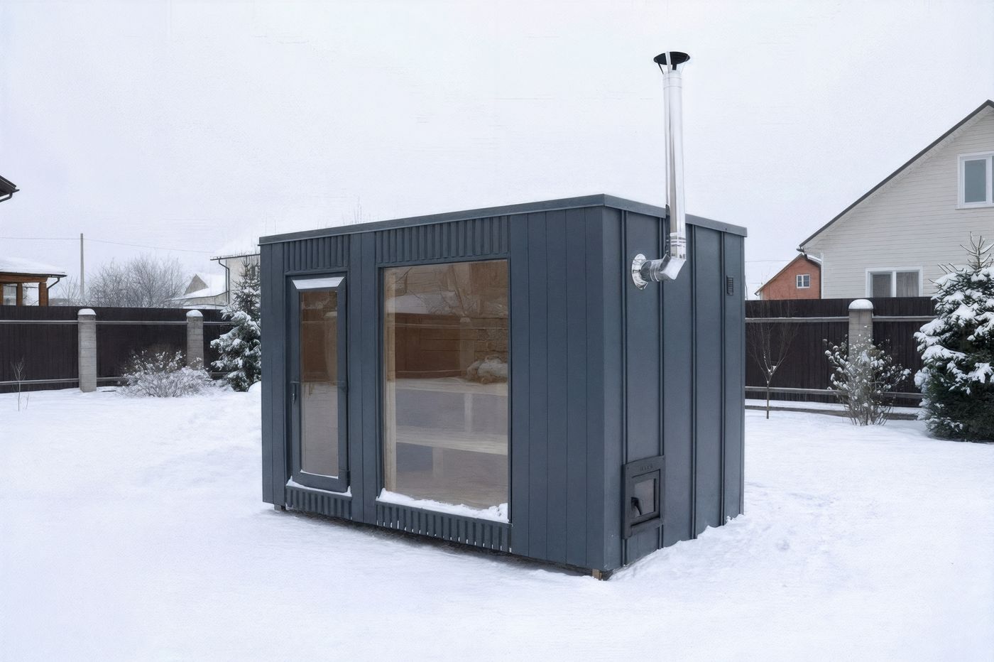 Family Pro 345 – Gesamtansicht der Outdoor-Sauna in naturnaher Gartenumgebung