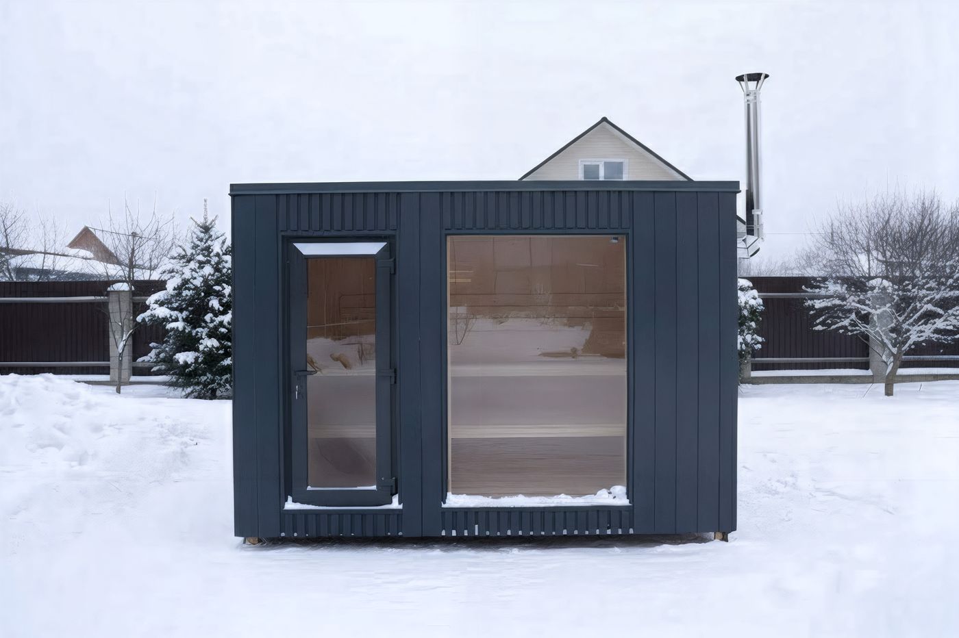 Family Pro 345 – Cube-Sauna in der Abenddämmerung mit warm leuchtender Glasfront