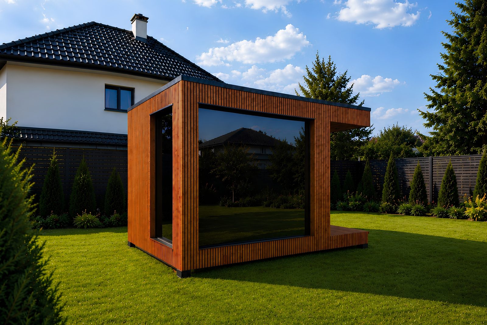 ARIES CUBE OASIS 350 Outdoor-Sauna mit Panoramafenster und Außendusche, 7,70 Quadratmeter