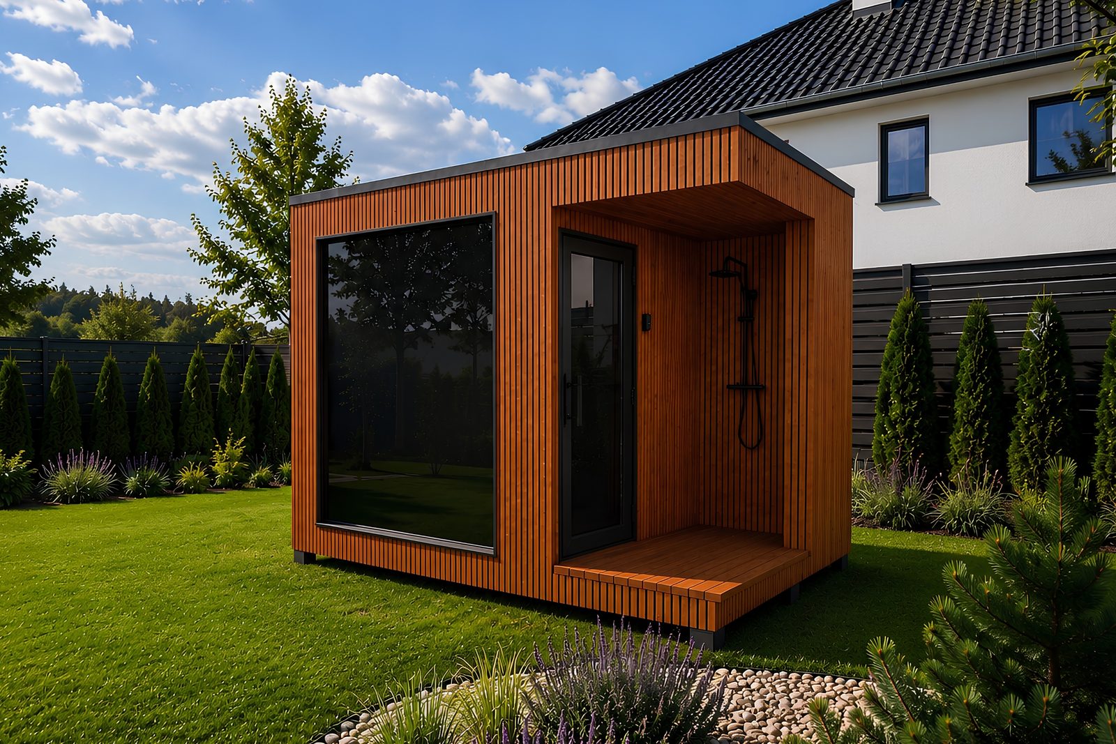 Aries Cube Oasis 350 – Outdoor-Sauna mit offener Terrasse, integrierter Sommerdusche und Panorama-Verglasung im Garten
