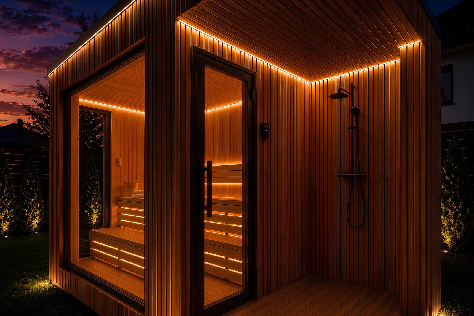 Aries Cube Oasis 350 in der Abenddämmerung – überdachte Terrasse mit Regendusche und stimmungsvoller LED-Beleuchtung