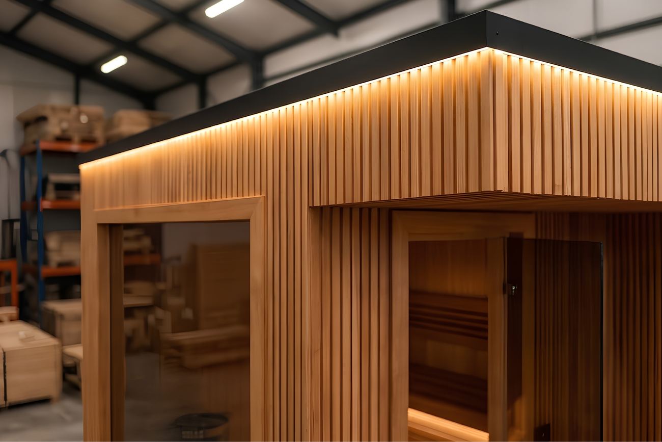 ARIES Cube Terrasse 335 – Außenansicht mit Thermo-Lärche-Fassade und indirekter LED-Beleuchtung unter dem Dach