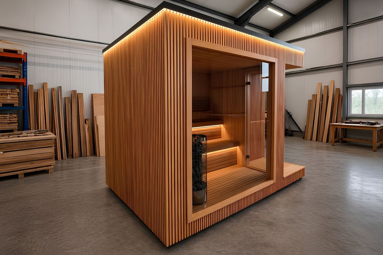 ARIES Cube Terrasse 335 – Eckansicht mit Panorama-Glasfront und beleuchtetem Innenraum aus Lindenholz