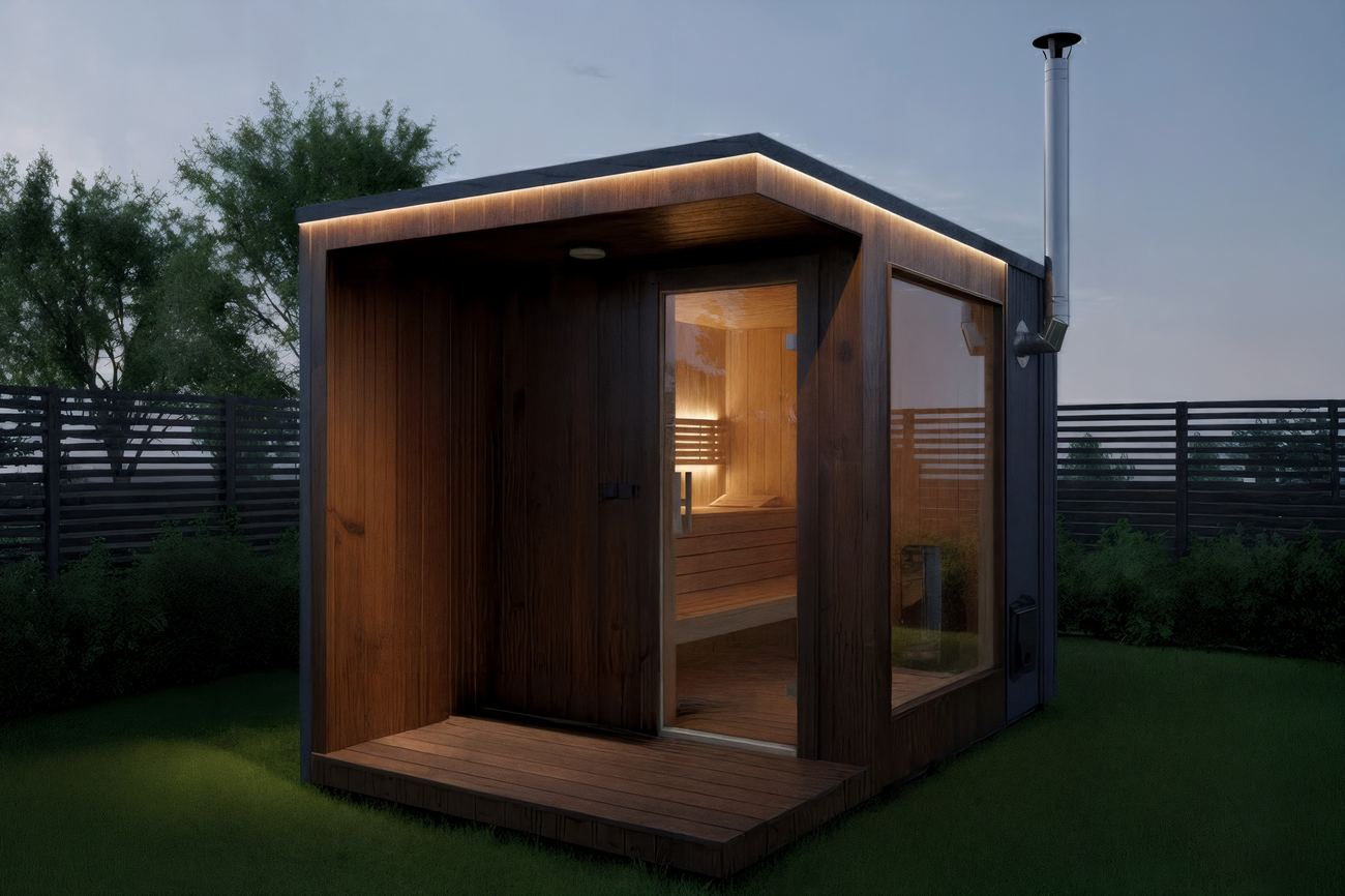ARIES Cube Terrasse 335 – Outdoor-Sauna in der Abenddämmerung mit Holzofen-Kamin und warm leuchtender Glasfront