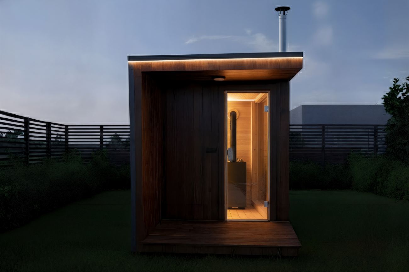 ARIES Cube Terrasse 335 – abendliche Gartenansicht mit beleuchtetem Saunaraum und Edelstahlkamin