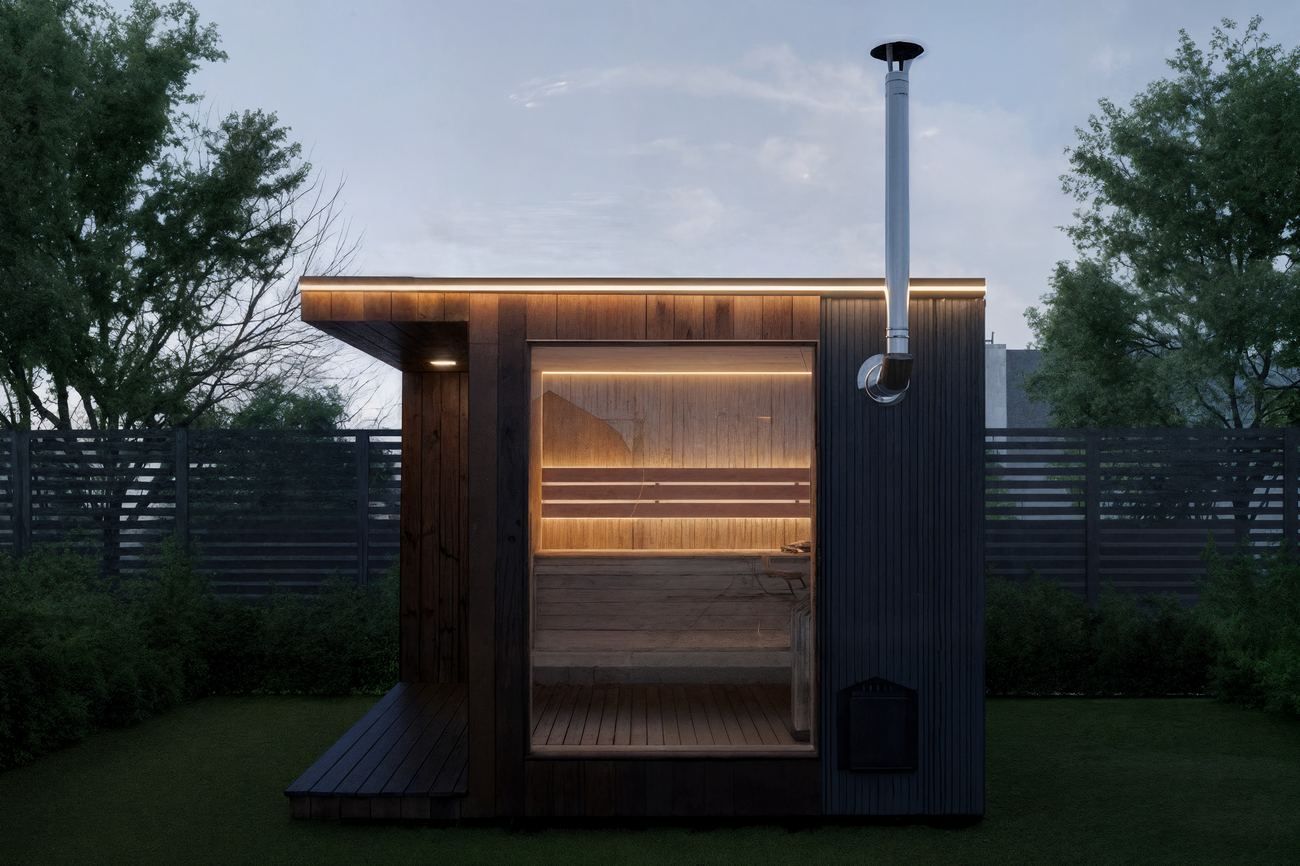 ARIES Cube Terrasse 335 – Seitenansicht der Outdoor-Sauna mit dunkler Fassade und Holzofen-Kamin im Garten