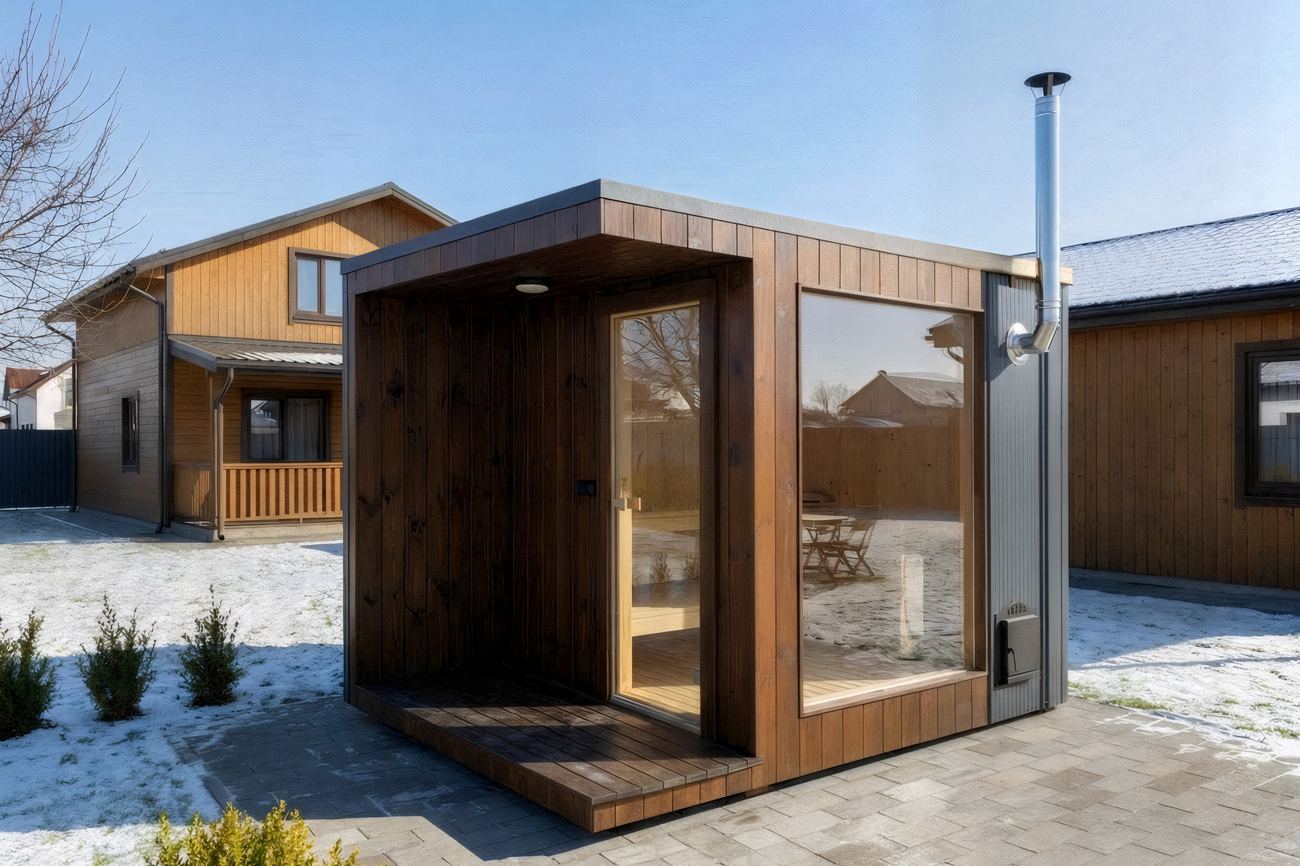 ARIES Cube Terrasse 335 – zweifarbige Outdoor-Sauna im winterlichen Garten mit Panorama-Verglasung