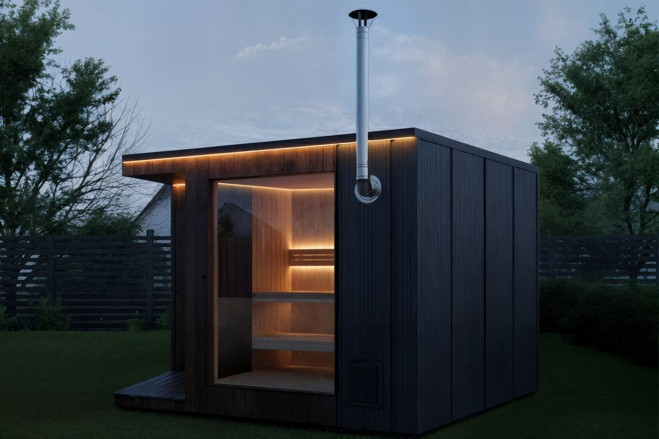 ARIES Cube Terrasse 335 – anthrazitfarbene Sauna am Abend mit beleuchtetem Innenraum und Terrassenbereich
