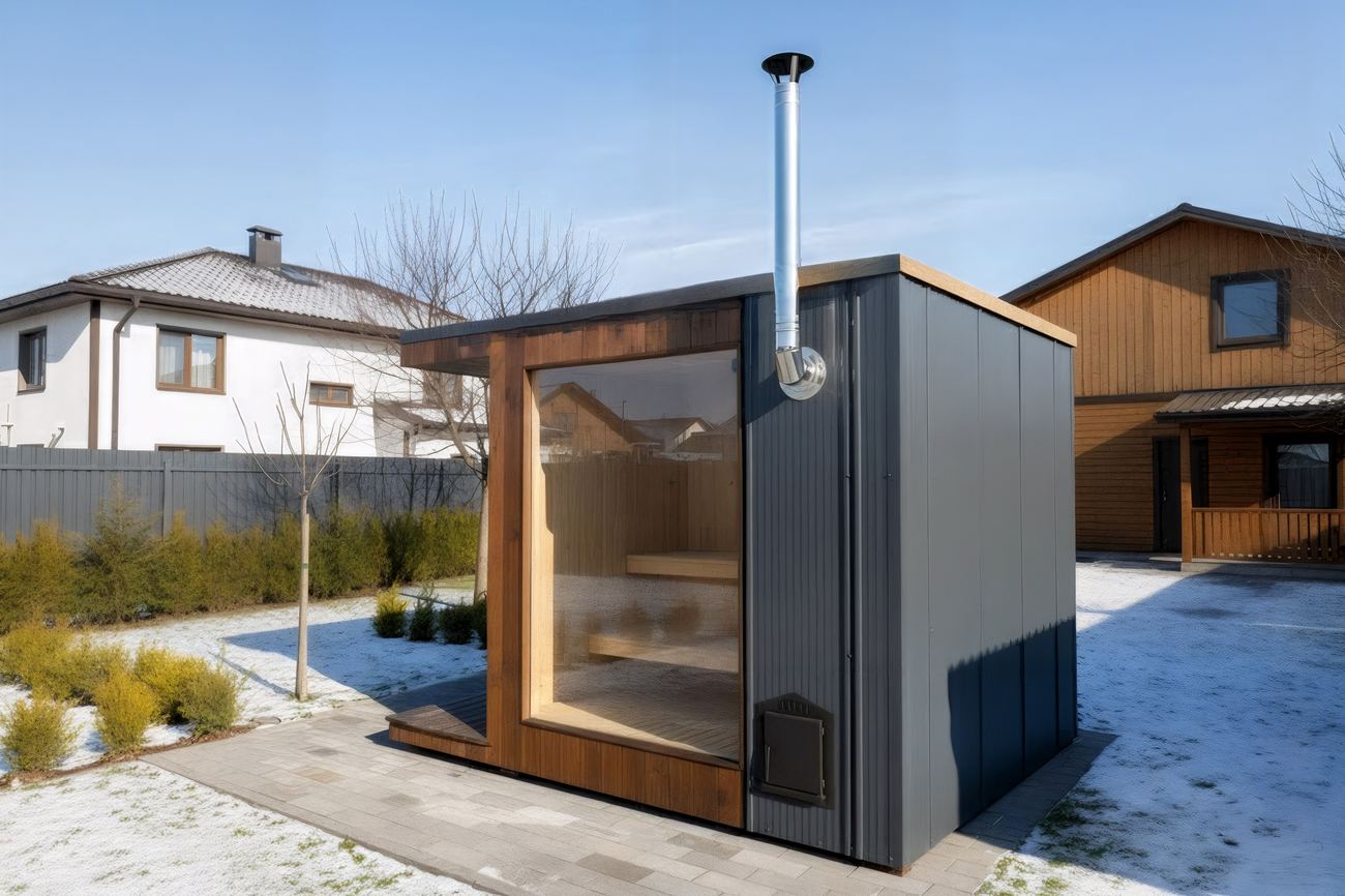 ARIES Cube Terrasse 335 – graue Outdoor-Sauna mit Kamin im winterlichen Wohngarten