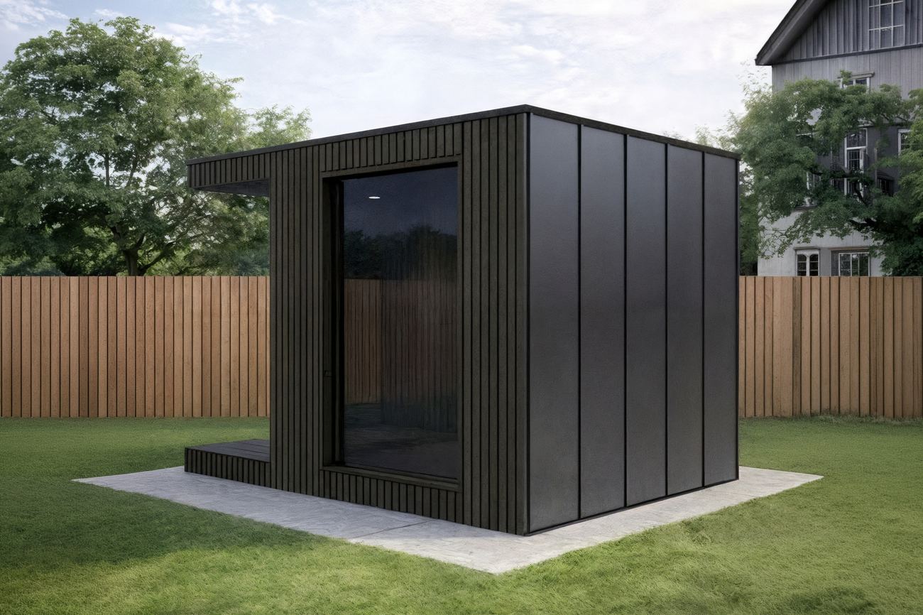 ARIES Cube Terrasse 335 – Außenansicht der anthrazitfarbenen Sauna mit geschlossener Thermo-Fassade auf Betonplatte