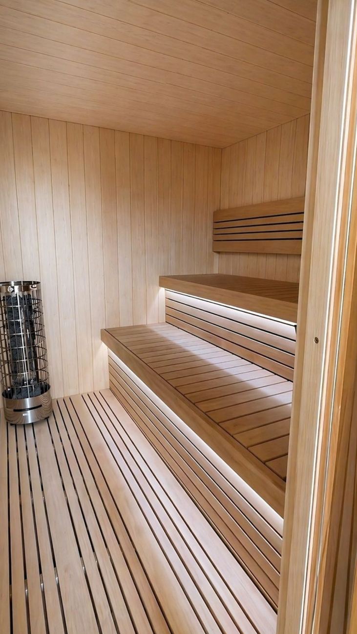 ARIES Cube Terrasse 335 – Saunaraum aus hellem Lindenholz mit Liegestufen und Saunaofen