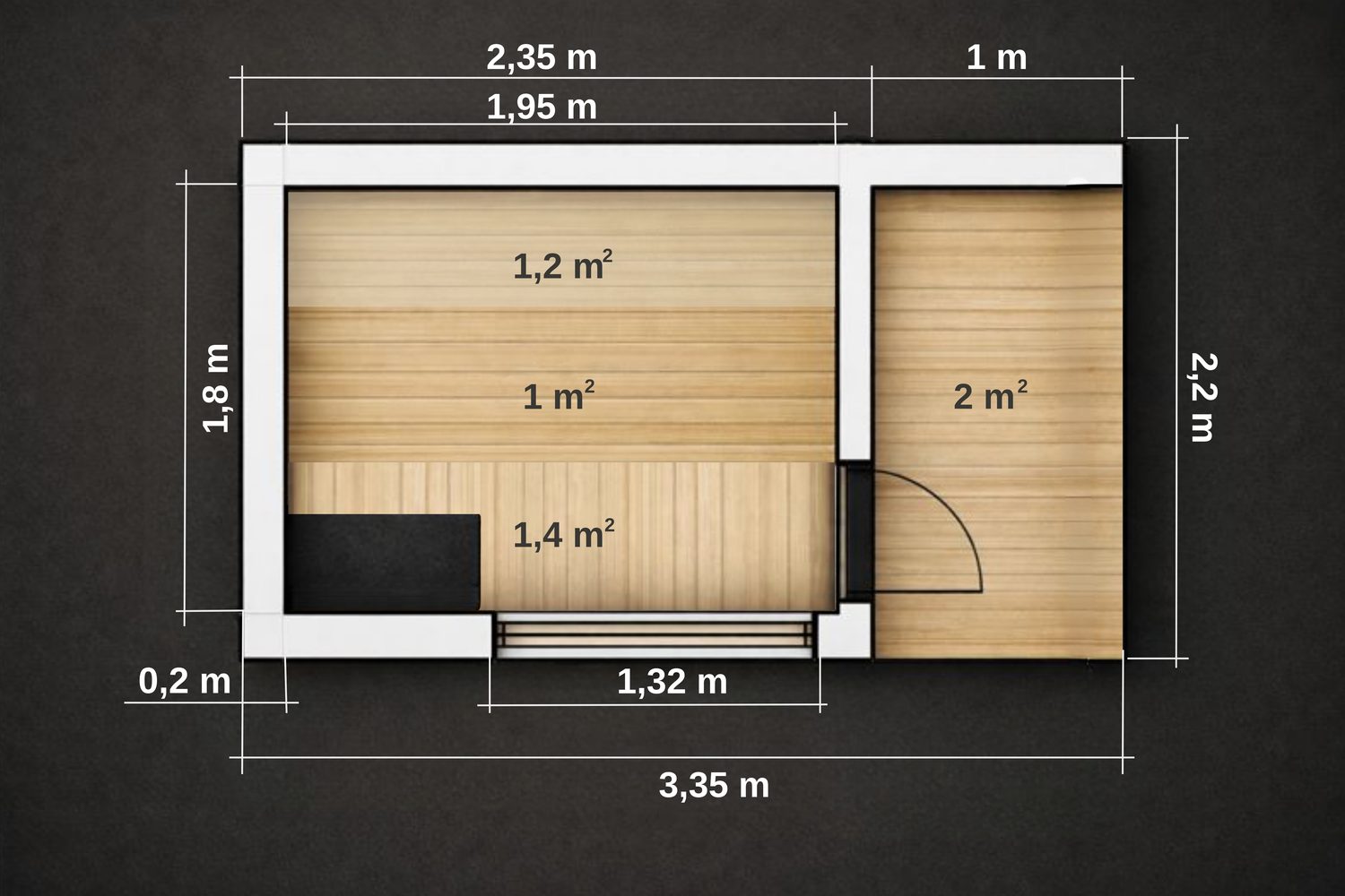 ARIES Cube Terrasse 335 – Grundriss Variante 1 mit Maßangaben: Saunaraum und überdachte Terrasse rechts, Gesamtmaß 3,35 × 2,20 m