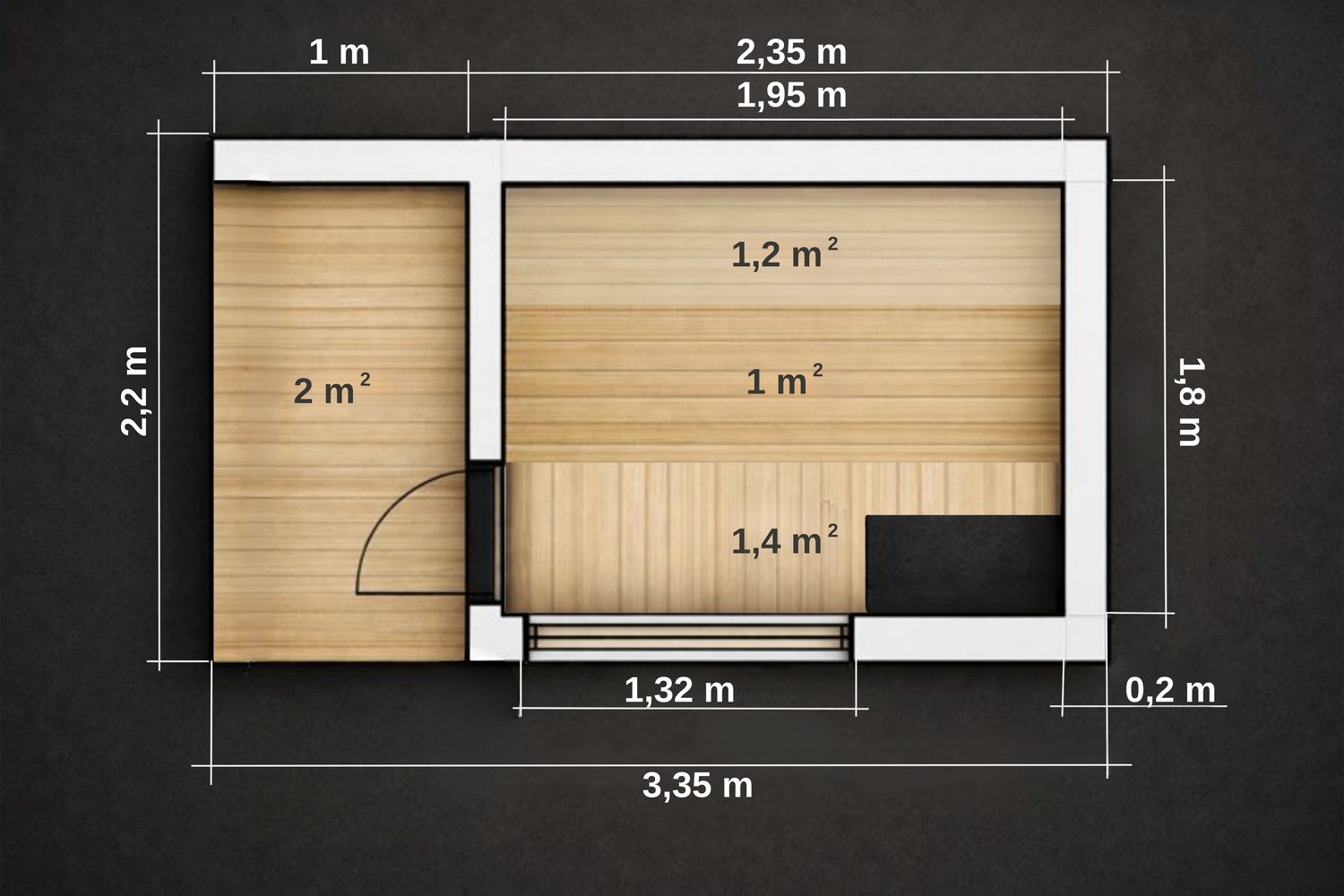 ARIES Cube Terrasse 335 – Grundriss Variante 2 (gespiegelt) mit Maßangaben: überdachte Terrasse links, Gesamtmaß 3,35 × 2,20 m