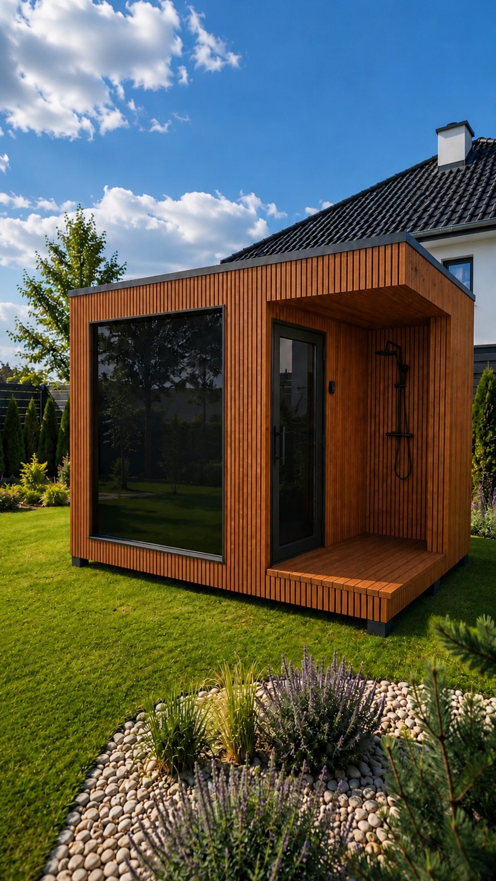 ARIES Cube Oasis 350 Premium Outdoor-Sauna mit Panoramafenster und Außendusche im Garten