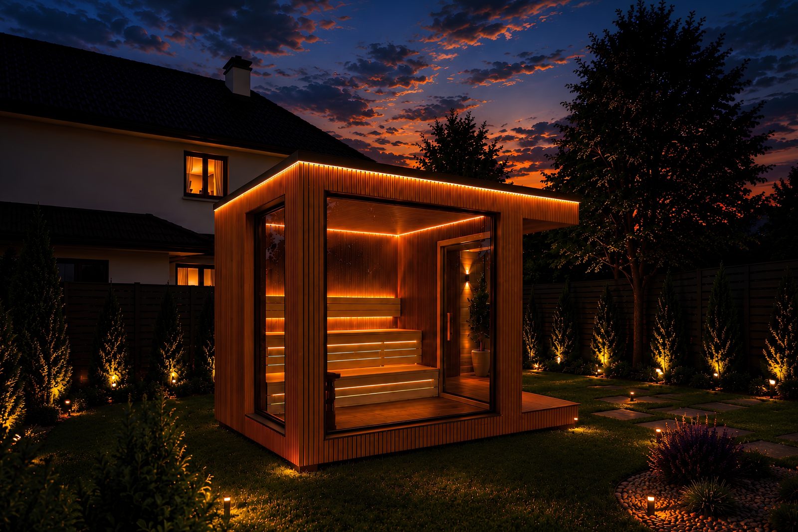 ARIES Cube Oasis 350 Gartensauna mit warmer LED-Beleuchtung in der Abenddämmerung – Referenzprojekt von ARIES Sauna Welt